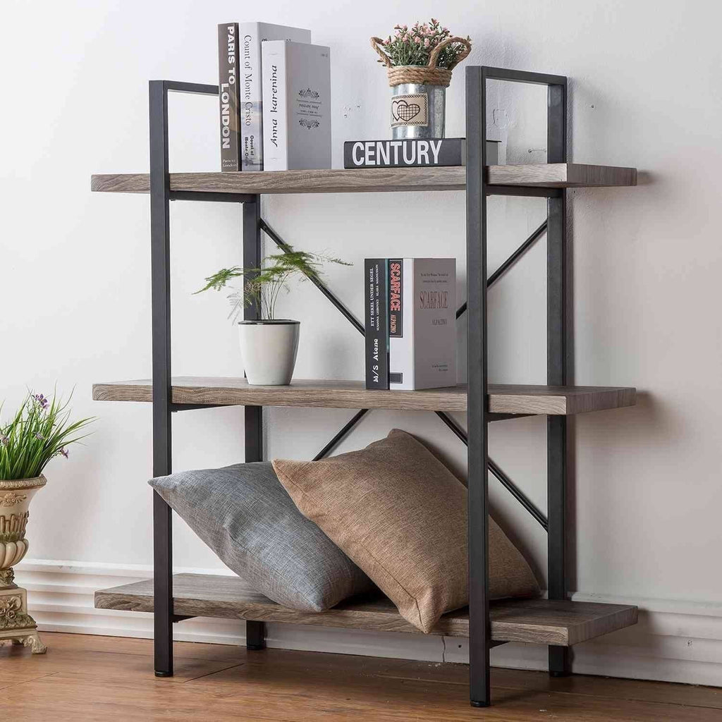3-Shelf Rustic Industrial Bookcase T8352