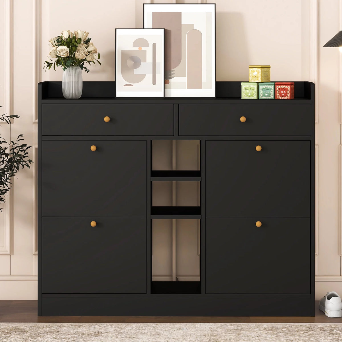 Black Shoe Storage Cabinet with 4 Flip Drawers M160