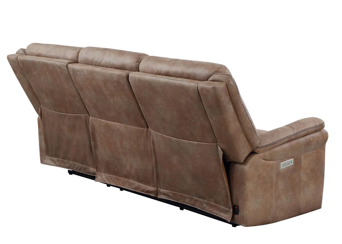 Camel Brown Polyester Faux Suede Power Reclining Sofa P5473