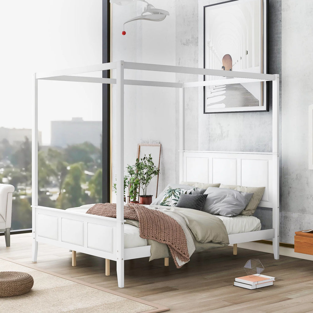 Queen Size Wood Canopy Platform Bed with Headboard and Footboard P236554