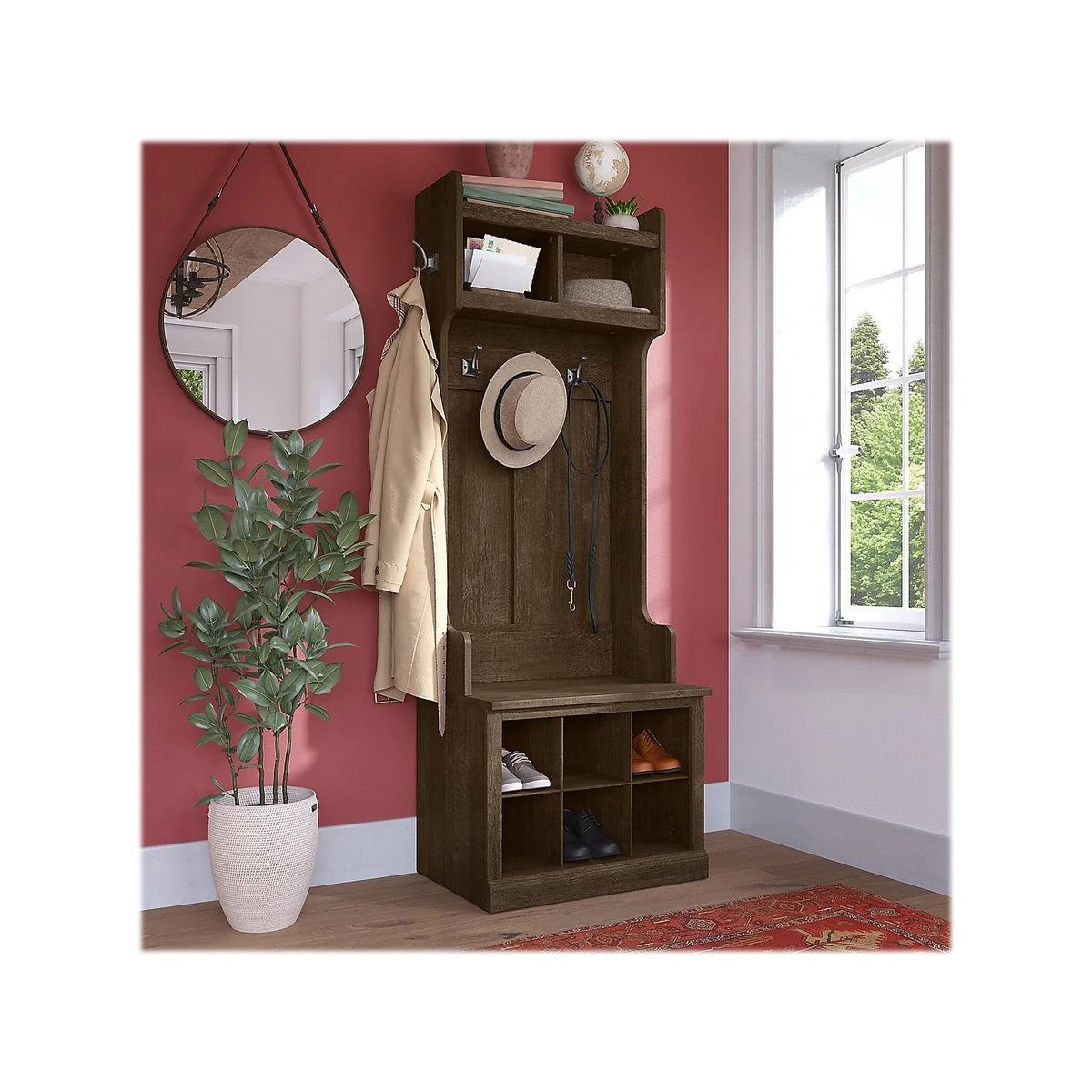 Ash Brown Engineered Wood Hall Tree & Shoe Bench with Shelves P44297