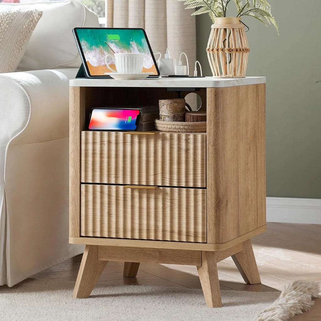 Mid-Century Modern Nightstand with Charging Station T616