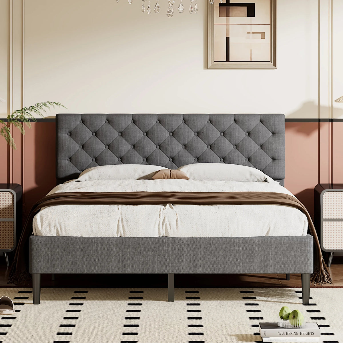 Beige Upholstered Fabric Queen Size Platform Bed Frame R6131