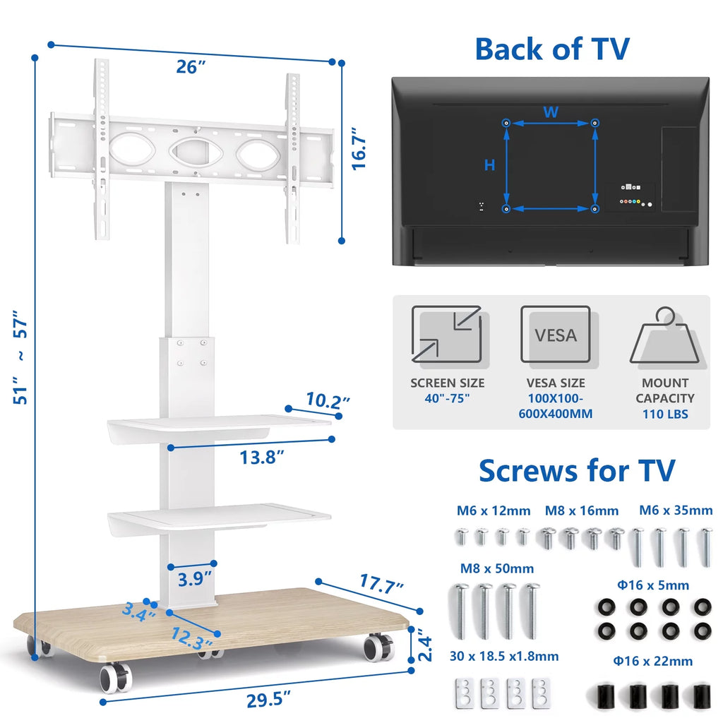 Black Rolling TV Stand with 3 Shelves H3131