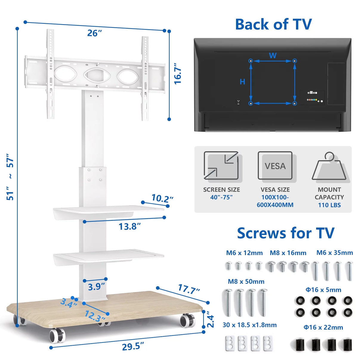 Black Rolling TV Stand with 3 Shelves H3131