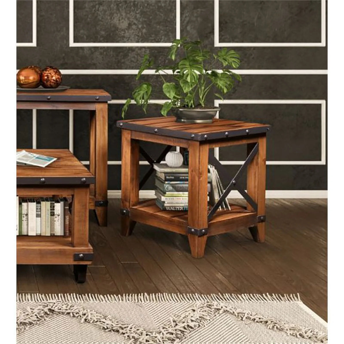 Contemporary Wood End Table with Shelf Set of 2 A926374