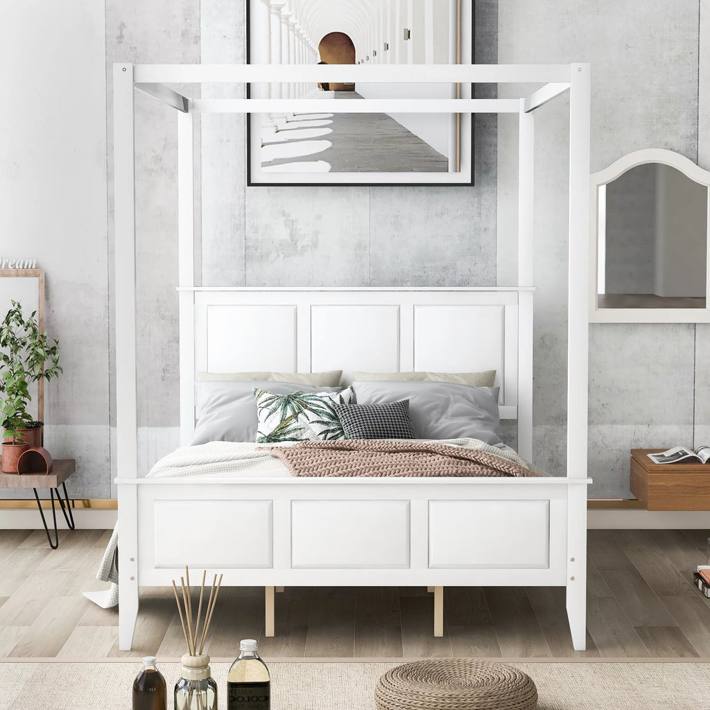 Queen Size Wood Canopy Platform Bed with Headboard and Footboard P236554